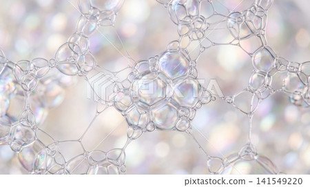 Macro view of iridescent soap bubble cluster forming delicate geometric patterns on bright background with translucent geometric network shimmering prismatic highlights Macro view of iridescent soap bubble cluster forming delicate geometric patterns on bright background with translucent geometric network shimmering prismatic highlights 141549220