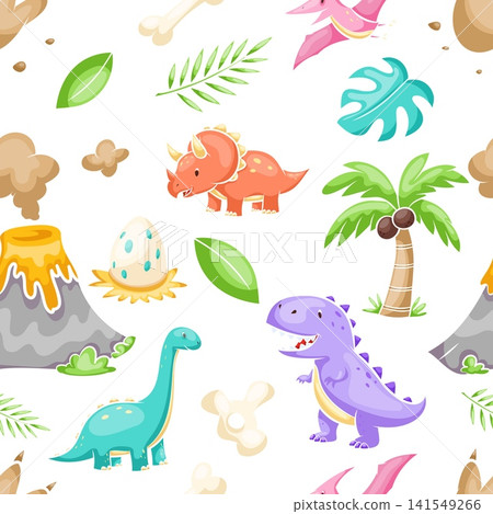 A seamless pattern featuring dinosaurs, volcanoes, eggs and tropical plants A seamless pattern featuring dinosaurs, volcanoes, eggs and tropical plants 141549266