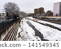 Snow-covered Nogawa River, between Shibasaki Station and Kokuryo Station, Kikunodai, Chofu City, Tokyo 141549345
