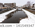 Snow-covered Nogawa River and Keio Line tracks, between Shibasaki Station and Kokuryo Station, Kikunodai, Chofu City, Tokyo 141549347