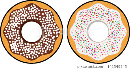 Two sweet donuts set with chocolate glaze and colorful sprinkles for bakery menu Two sweet donuts set with chocolate glaze and colorful sprinkles for bakery menu 141549545
