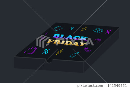 Black Friday isometric gift box layout template with neon typography on dark background Black Friday isometric gift box layout template with neon typography on dark background 141549551