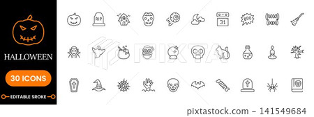 Halloween Line Icon Set Pumpkin Ghost Skull Witch Hat Bat Spider Web Vampire Mummy Candle Coffin Tombstone Vector Illustration Bundle Halloween Line Icon Set Pumpkin Ghost Skull Witch Hat Bat Spider Web Vampire Mummy Candle Coffin Tombstone Vector Illustration Bundle 141549684