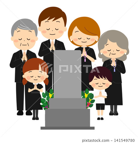 Family in mourning dress to visit the grave Family in mourning dress to visit the grave 141549780