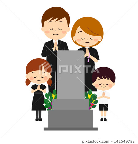 Family in mourning dress to visit the grave Family in mourning dress to visit the grave 141549782