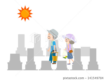 A senior couple heads to visit a grave on a hot summer day, sweating profusely. A senior couple heads to visit a grave on a hot summer day, sweating profusely. 141549784
