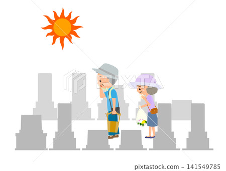 一對老年夫婦頂著烈日，汗流浹背地前往墓園。 141549785