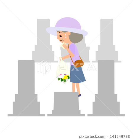A senior woman goes alone to visit a grave in the scorching sun. A senior woman goes alone to visit a grave in the scorching sun. 141549788