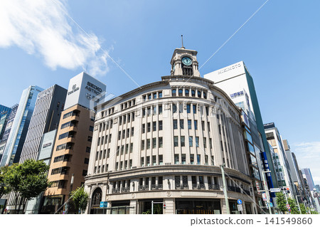 Building view of the Ginza Wako / Seiko House in Chuo, Tokyo, Japan. A prewar architectural heritage site and well-known for its clock tower Building view of the Ginza Wako / Seiko House in Chuo, Tokyo, Japan. A prewar architectural heritage site and well-known for its clock tower 141549860