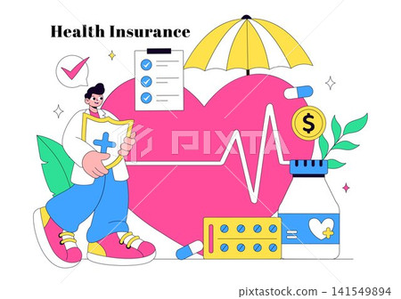 Health Insurance Vector Illustration Featuring Medical Coverage, Healthcare Protection, Patient Care, Insurance Services, and Wellness Support Health Insurance Vector Illustration Featuring Medical Coverage, Healthcare Protection, Patient Care, Insurance Services, and Wellness Support 141549894