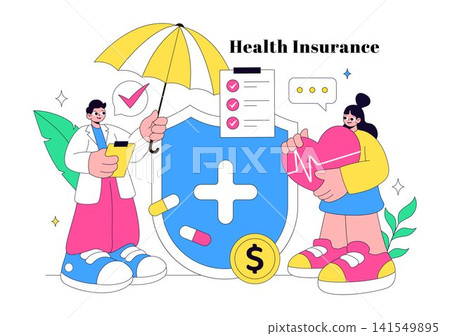 Health Insurance Vector Illustration Featuring Medical Coverage, Healthcare Protection, Patient Care, Insurance Services, and Wellness Support Health Insurance Vector Illustration Featuring Medical Coverage, Healthcare Protection, Patient Care, Insurance Services, and Wellness Support 141549895