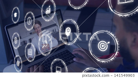 Watching person typing on laptop during call at home office, host in light shirt, floating icons Watching person typing on laptop during call at home office, host in light shirt, floating icons 141549903