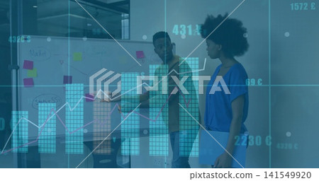 Presenting two colleagues planning project in meeting room, whiteboard, sticky notes, data overlays Presenting two colleagues planning project in meeting room, whiteboard, sticky notes, data overlays 141549920