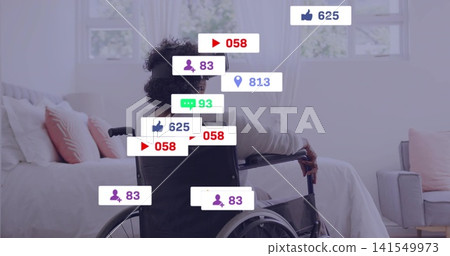 Sitting senior Black woman wearing robe in manual wheelchair in bedroom, showing social overlays 141549973
