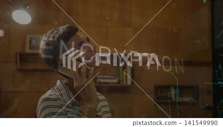 Laughing woman wearing striped shirt holding phone to ear in wood-paneled room, NCRYPTION overlay Laughing woman wearing striped shirt holding phone to ear in wood-paneled room, NCRYPTION overlay 141549990