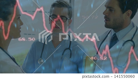 Discussing data three doctors reviewing charts in clinic hall, in clinical attire, digital overlay 141550060