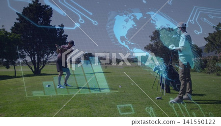 Swinging mid-adult golfer hitting shot at tee box, wearing cap, with golf bag and AR overlay Swinging mid-adult golfer hitting shot at tee box, wearing cap, with golf bag and AR overlay 141550122