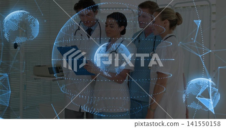 Viewing team around blue clipboard, clinic, wearing white coats with stethoscopes, showing hologram Viewing team around blue clipboard, clinic, wearing white coats with stethoscopes, showing hologram 141550158