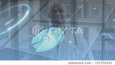 Standing physician using medical hologram in clinic, wearing white lab coat and stethoscope Standing physician using medical hologram in clinic, wearing white lab coat and stethoscope 141550162