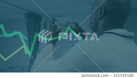 Adjusting doctor in white coat with stethoscope, raising hands securing IV bag on pole, ECG overlay Adjusting doctor in white coat with stethoscope, raising hands securing IV bag on pole, ECG overlay 141550186