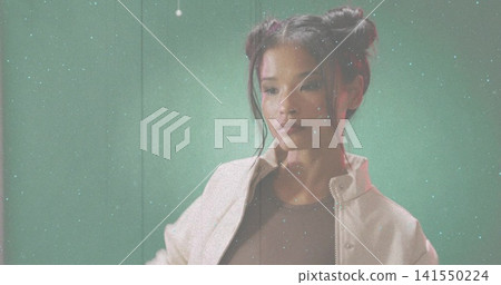 Posing adult woman wearing light zip jacket and dark top in studio, showing teal seam film-grain Posing adult woman wearing light zip jacket and dark top in studio, showing teal seam film-grain 141550224