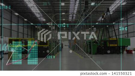 Showing central aisle running through large factory, with green machines, gantry, AR overlays Showing central aisle running through large factory, with green machines, gantry, AR overlays 141550321