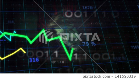 Pulsing neon green zigzag chart line moving on cyber dashboard with blue grid, 79%, skull artifact Pulsing neon green zigzag chart line moving on cyber dashboard with blue grid, 79%, skull artifact 141550339