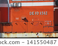 Blue train cars destined for disposal, which were being held at Akita Port. 141550487