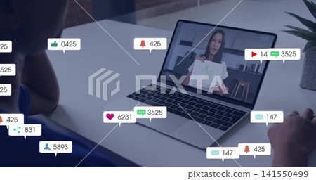 Showing laptop host holding leaf viewer dark tee leaning forearms on white table social bubbles pot Showing laptop host holding leaf viewer dark tee leaning forearms on white table social bubbles pot 141550499