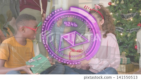 Exchanging gifts boy girl sitting on living room floor, holding green present with purple overlay Exchanging gifts boy girl sitting on living room floor, holding green present with purple overlay 141550513