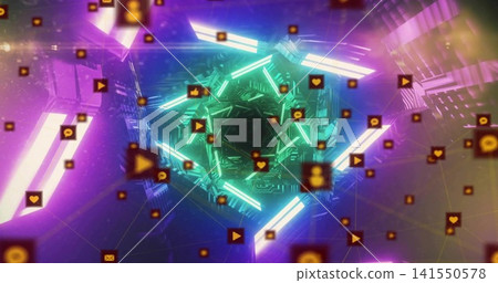 Drawing neon teal hexagonal vortex pulling social icons inward in digital hub, with circuitry Drawing neon teal hexagonal vortex pulling social icons inward in digital hub, with circuitry 141550578