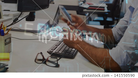 Holding phone, office worker wearing rolled sleeves and watch scrolling at desk, with glasses Holding phone, office worker wearing rolled sleeves and watch scrolling at desk, with glasses 141550590