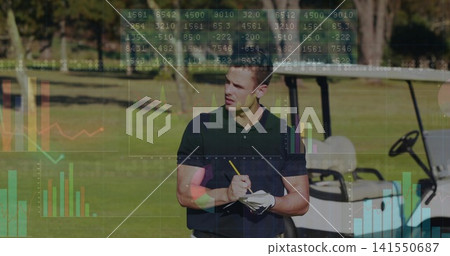 Tallying golfer writing scorecard on golf fairway, dark polo, white glove, cart right, HUD Tallying golfer writing scorecard on golf fairway, dark polo, white glove, cart right, HUD 141550687