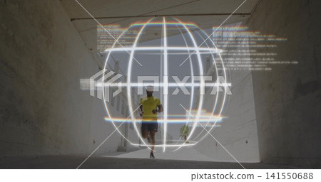 Running man wearing neon shirt sprinting toward camera through underpass, with holographic globe Running man wearing neon shirt sprinting toward camera through underpass, with holographic globe 141550688