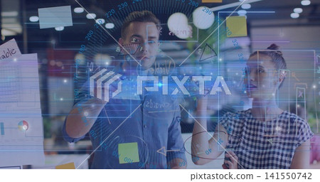 Writing man in blue shirt, pointing intern in checkered top at office glass whiteboard with markers Writing man in blue shirt, pointing intern in checkered top at office glass whiteboard with markers 141550742