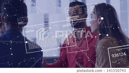 Presenting man in red shirt gesturing and explaining data overlays and keyboard in office Presenting man in red shirt gesturing and explaining data overlays and keyboard in office 141550743