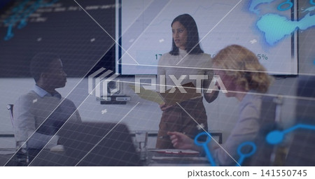 Presenting woman wearing top with folder briefing at meeting with wall display and glass overlay Presenting woman wearing top with folder briefing at meeting with wall display and glass overlay 141550745