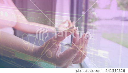 Resting woman placing hands in mudra by window, light top, cushion, with AR '97% Processing Data' Resting woman placing hands in mudra by window, light top, cushion, with AR '97% Processing Data' 141550826