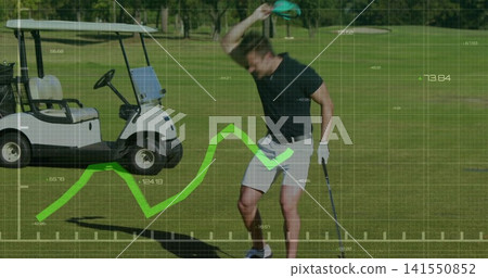Lifting cap, golfer in black polo holding club on fairway, showing chart overlay and golf cart Lifting cap, golfer in black polo holding club on fairway, showing chart overlay and golf cart 141550852