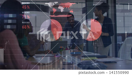 Presenting team members pointing at data overlays on glass wall in conference room, wearing blazers Presenting team members pointing at data overlays on glass wall in conference room, wearing blazers 141550990
