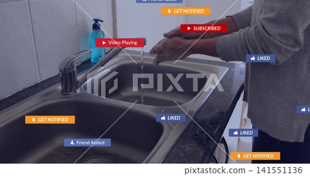 Washing woman in gray sweater rinsing hands under faucet with blue soap, notifications, copy space Washing woman in gray sweater rinsing hands under faucet with blue soap, notifications, copy space 141551136