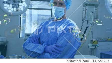 Standing surgeon wearing blue gown, bouffant cap, mask and purple gloves in OR, with HUD icons Standing surgeon wearing blue gown, bouffant cap, mask and purple gloves in OR, with HUD icons 141551203