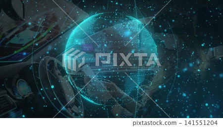 Showing holographic cyan globe over car cockpit, woman holding wheel, wearing striped sleeves Showing holographic cyan globe over car cockpit, woman holding wheel, wearing striped sleeves 141551204