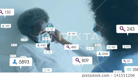 Measuring masked caregiver taking senior in robe temp with thermometer in clinic amid digital UI Measuring masked caregiver taking senior in robe temp with thermometer in clinic amid digital UI 141551206