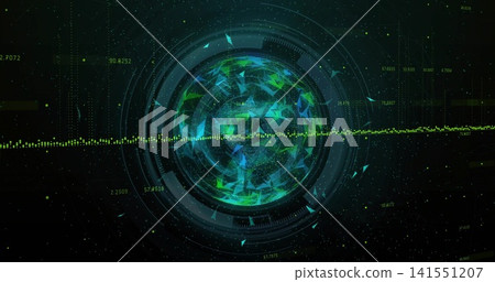 Rotating holographic polyhedral sphere glowing in virtual data space, with HUD rings and waveform Rotating holographic polyhedral sphere glowing in virtual data space, with HUD rings and waveform 141551207