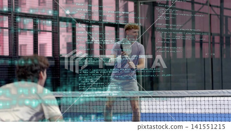 Facing man wearing grey tee and backpack, holding paddle on blue-court net, code overlay floating Facing man wearing grey tee and backpack, holding paddle on blue-court net, code overlay floating 141551215