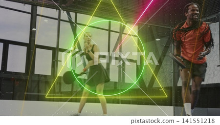 Two players hitting ball on court, woman in black sportswear, man in red, paddles, neon overlays Two players hitting ball on court, woman in black sportswear, man in red, paddles, neon overlays 141551218