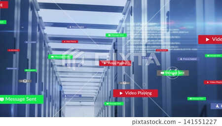 Displaying server racks in data center, streaming code and floating colored badges with LEDs 141551227