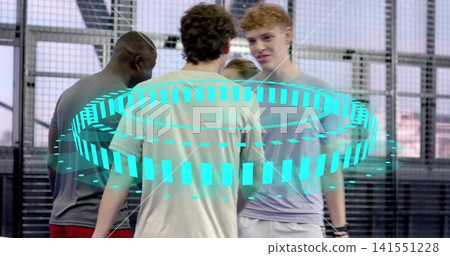 Standing four athletes in T-shirts and shorts forming circle on gym court, with cyan AR overlay Standing four athletes in T-shirts and shorts forming circle on gym court, with cyan AR overlay 141551228