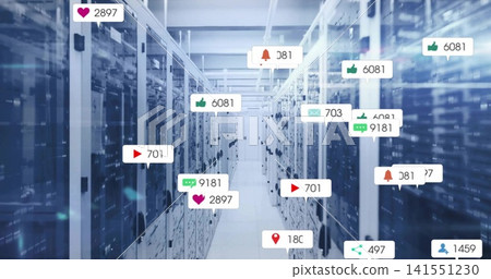 Showing central server aisle receding in data center featuring racks, LEDs, floating notifications Showing central server aisle receding in data center featuring racks, LEDs, floating notifications 141551230